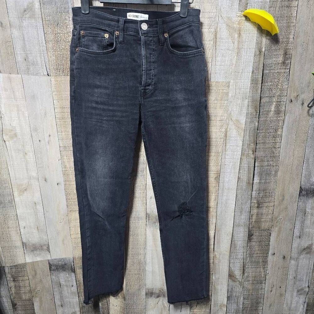 Re/Done Originals Black Slim Fit Distressed High Rise Ankle Jeans